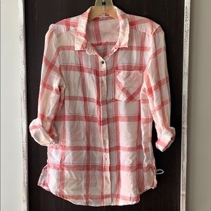 Pink and white plaid button down blouse